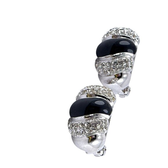 Vintage Silver Tone Black Enamel Rhinestone Clip On Earrings Retro Jewelry - Picture 2 of 5